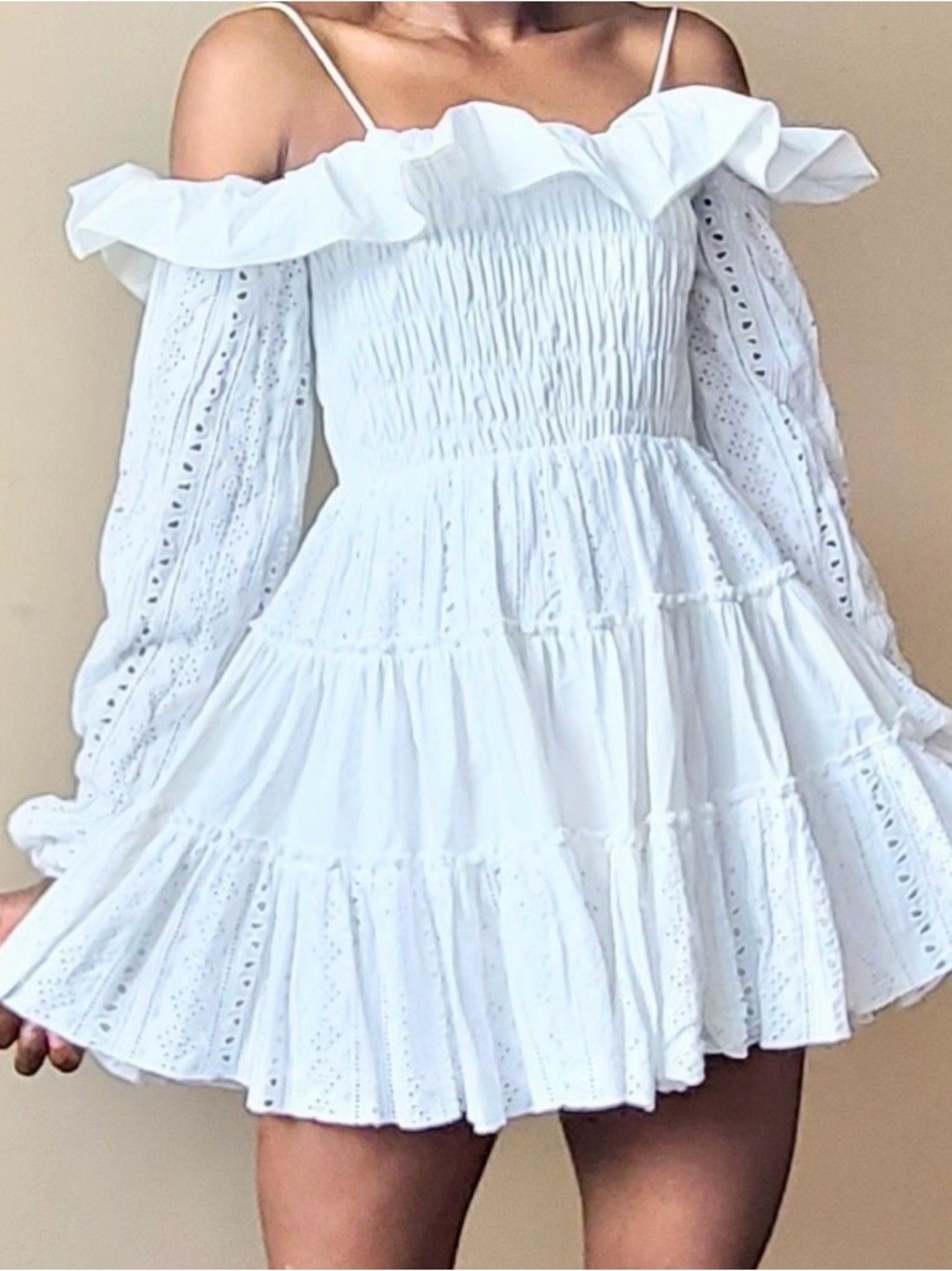 White Off-Shoulder Eyelet Mini Dress